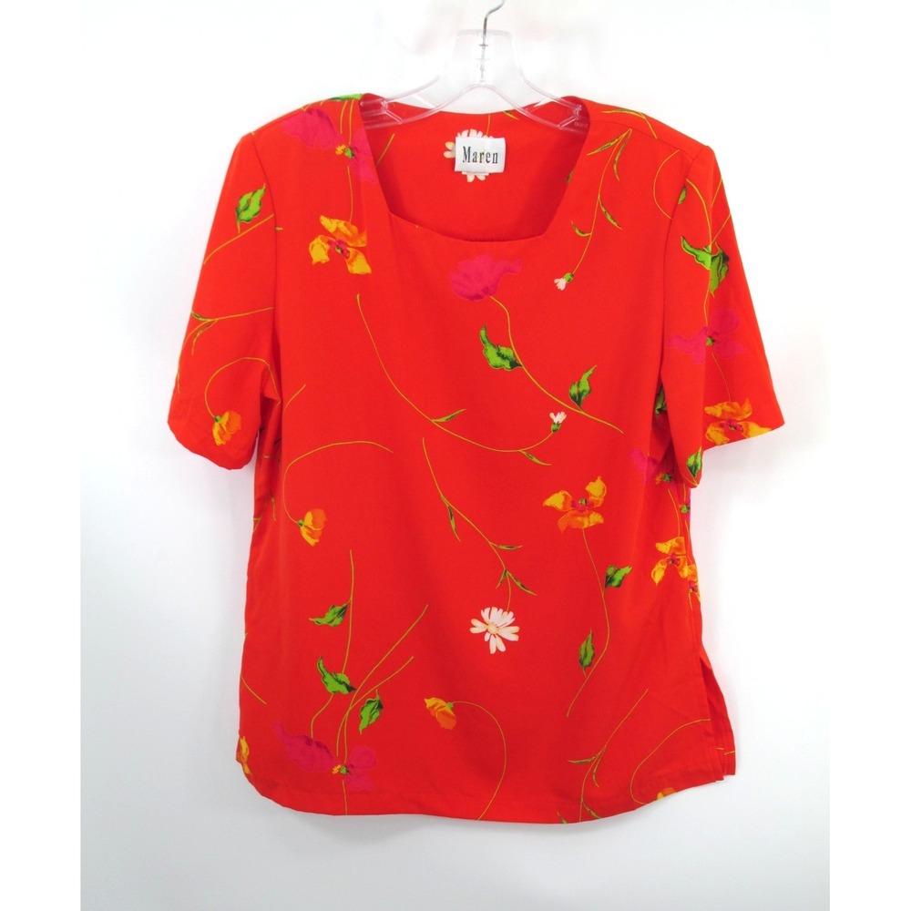 Vintage 90s Maren Pullover Top Women Medium Orange Floral Shoulder Pads Blouse